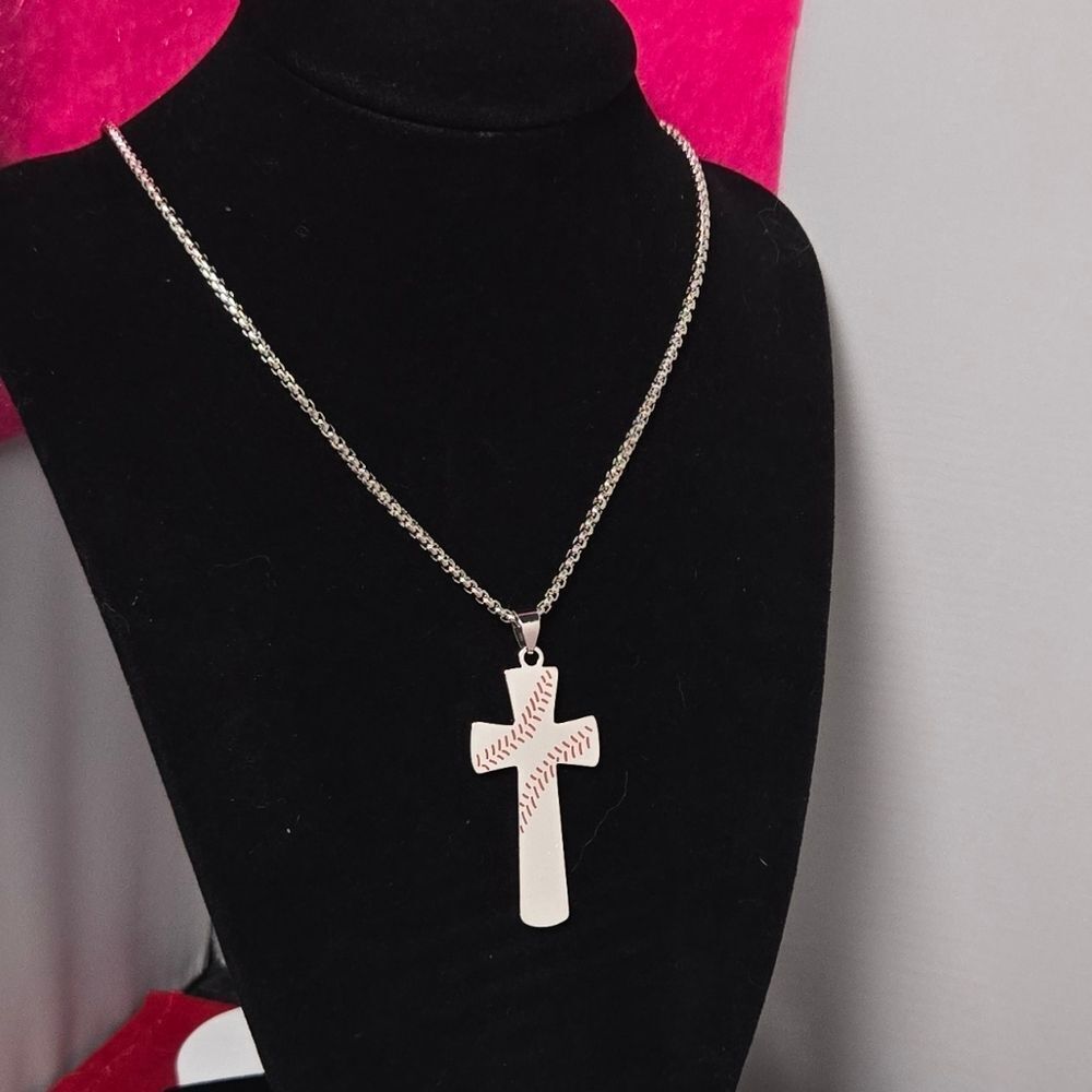 Baseball Cross Necklace Philippians 4:13 Stainless Steel 24" Box Chain Giftable